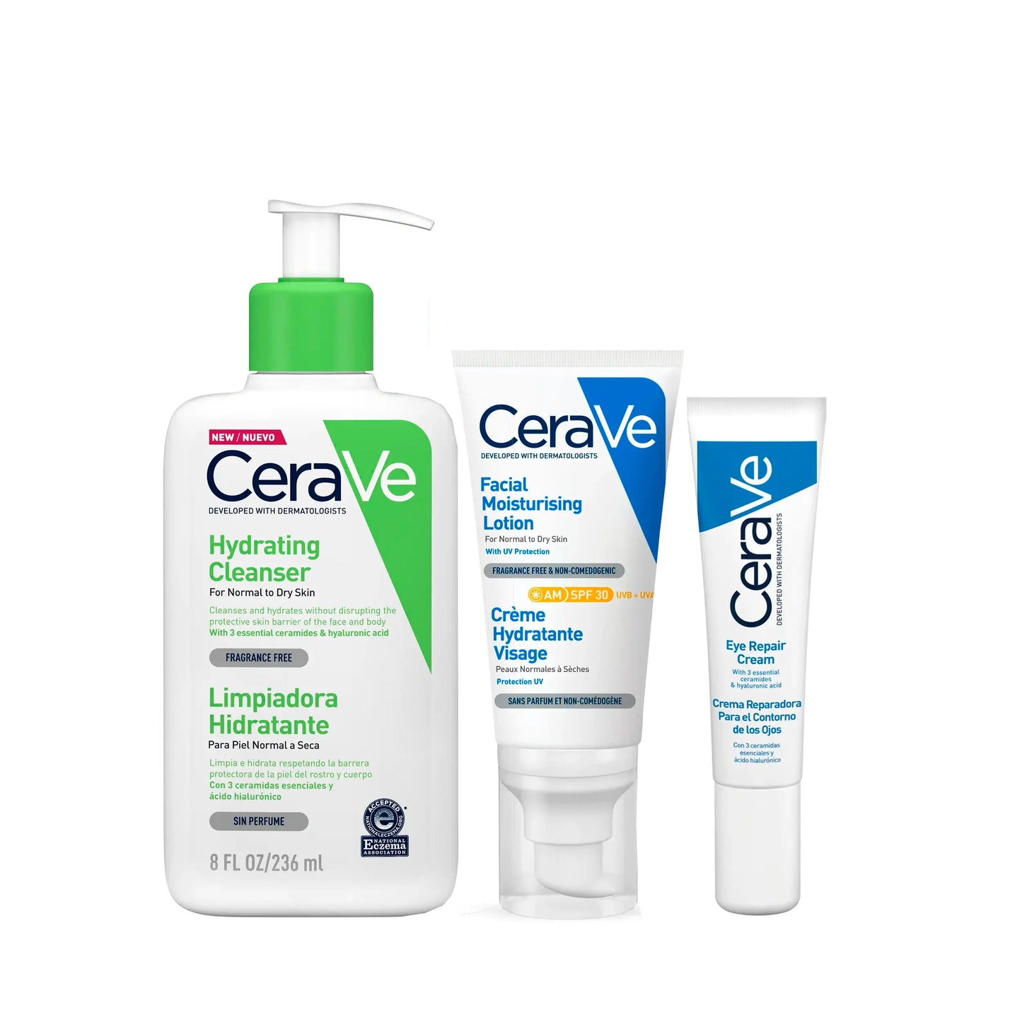 CeraVe Pack Crème Lavante Hydratante 236ml + Crème Hydratante Visage SPF30 52ml + Crème Contour des Yeux 14ml