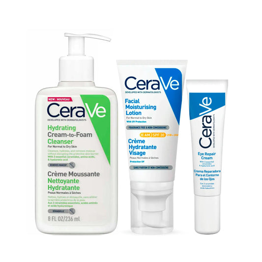 CeraVe Pack Peau Sensible : Crème Moussante Nettoyante Hydratante 236ml + Crème Hydratante Visage SPF30 50ml + Crème Contour des Yeux 14ml