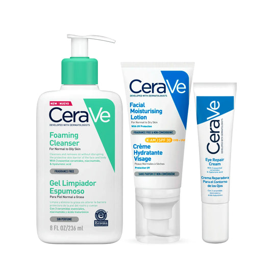 CeraVe Pack Peau Grasse : Gel Moussant 236ml + Crème Hydratante Visage SPF30 50ml + Crème Contour des Yeux 14ml